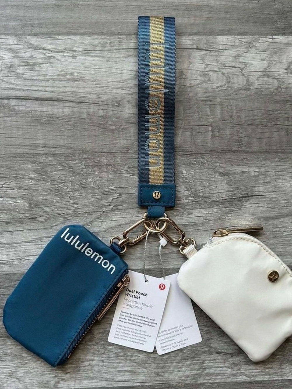 lululemon athletica Dual Pouch Wristlet in Teal and Cream with Gold Accents
